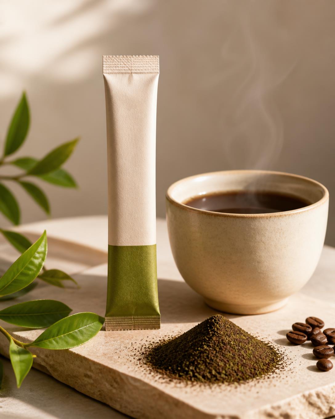 AMU Diet Coffee stick sachet beside a ceramic cup of coffee and green tea leaves
