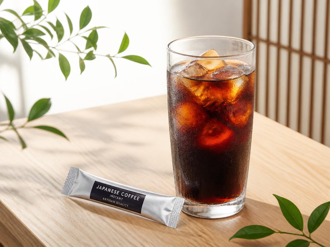 Iced AMU Diet Coffee in a tall glass with an individual stick sachet on a wooden table